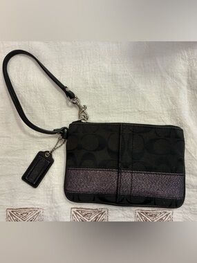 Coach Black Signature Monogram Canvas Wristlet with Silver Hardware